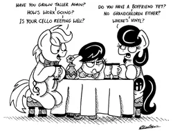 Size: 2124x1613 | Tagged: safe, artist:bobthedalek, derpibooru import, octavia melody, oc, oc:mixed melody, oc:octavia's father, oc:octavia's mother, oc:ostinato melody, earth pony, pony, black and white, covering ears, cup, flower, grayscale, implied vinyl scratch, ink drawing, inktober, inktober 2018, monochrome, mothers gonna mother, nagging, octavia is not amused, simple background, stool, table, teacup, that pony sure does want grandfoals, traditional art, unamused, vase, white background