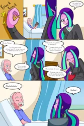 Size: 1050x1575 | Tagged: safe, artist:jake heritagu, derpibooru import, aria blaze, oc, oc:smooth tone, comic:aria's archives, comic:nursing home, equestria girls, book, bust, chair, clothes, comic, curtains, dialogue, female, hoodie, immortality is awesome, knocking, male, mother and child, mother and son, offspring, parent:aria blaze, portrait, speech bubble, window