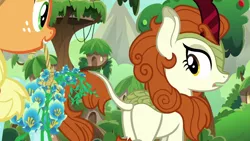 Size: 1280x720 | Tagged: applejack, autumn blaze, derpibooru import, flower, foal's breath, kirin, safe, screencap, sounds of silence, spoiler:s08