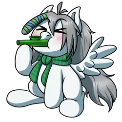 Size: 1280x1280 | Tagged: safe, artist:alittleofsomething, derpibooru import, oc, oc:umbra winterdance, unofficial characters only, pegasus, pony, ><, clothes, eyes closed, kazoo, musical instrument, scarf, simple background, solo, transparent background