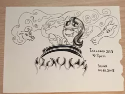 Size: 1210x907 | Tagged: safe, artist:stink111, derpibooru import, snowfall frost, starlight glimmer, pony, windigo, a hearth's warming tail, cauldron, fire, inktober, monochrome, solo, traditional art