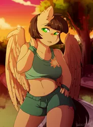 Size: 2200x3000 | Tagged: safe, artist:hakkids2, derpibooru import, oc, oc:pepper spice, unofficial characters only, anthro, pegasus, anthro oc, belly button, breasts, celestia's cutie mark, clothes, commission, cutie mark, ear fluff, exercise, female, freckles, green eyes, hand on hip, image, midriff, png, shorts, solo, sports bra, sports shorts, sunset, tanktop, thighs, tree, wristband, ych result
