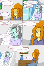 Size: 1050x1575 | Tagged: safe, artist:jake heritagu, derpibooru import, adagio dazzle, oc, oc:misty breeze, comic:aria's archives, comic:nursing home, equestria girls, bust, chair, clothes, comic, curtains, dialogue, female, flower, mother and child, mother and daughter, offspring, older, parent:adagio dazzle, portrait, speech bubble, vase, window