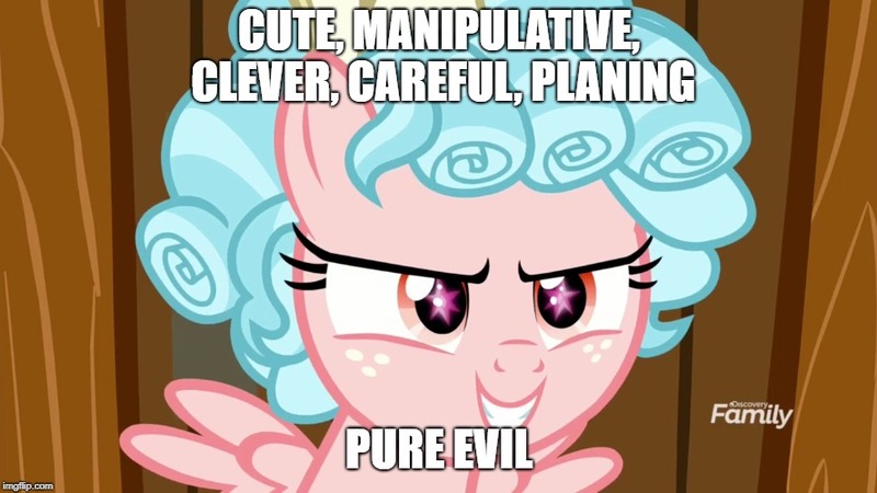 Size: 888x499 | Tagged: safe, derpibooru import, edit, edited screencap, screencap, cozy glow, pegasus, pony, marks for effort, cozy glow's true goal, discovery family logo, element of magic, eye reflection, female, filly, grin, misspelling, op was right, pure concentrated unfiltered evil of the utmost potency, pure unfiltered evil, reflection, smiling, solo, wings