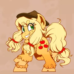 Size: 2026x2026 | Tagged: safe, artist:bookshelph, derpibooru import, applejack, earth pony, pony, abstract background, alternate hairstyle, applejack's hat, beanbrows, cloven hooves, cowboy hat, cute, cutie mark, eye clipping through hair, eyebrows, female, freckles, hat, jackabetes, looking at you, mare, pigtails, raised hoof, sidemouth, smiling, solo