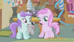 Size: 1280x720 | Tagged: call of the cutie, derpibooru import, ladle, liza doolots, petunia, piña colada, piña cutelada, punch bowl, punch (drink), safe, scootaloo, screencap, sugarcube corner, sweetie belle, table, tootsie flute