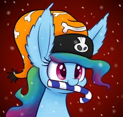 Size: 1280x1221 | Tagged: artist:heir-of-rick, aurora dash, bone, bust, candy, candy cane, christmas, derpibooru import, ear fluff, female, food, gradient background, halloween, hat, holiday, impossibly large ears, miss pie's monsters, mouth hold, rainbow dash, safe, santa hat, snow, snowfall, solo, species swap, windigo