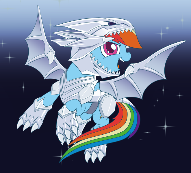 Size: 2500x2271 | Tagged: safe, artist:esfelt, derpibooru import, rainbow dash, pegasus, pony, blue-eyes white dragon, clothes, costume, female, mare, solo, yu-gi-oh!