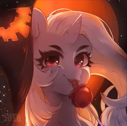 Size: 1280x1277 | Tagged: safe, artist:dagmell, derpibooru import, trixie, apple, candy apple (food), female, food, halloween, hat, holiday, licking, smiling, solo, tongue out, witch hat