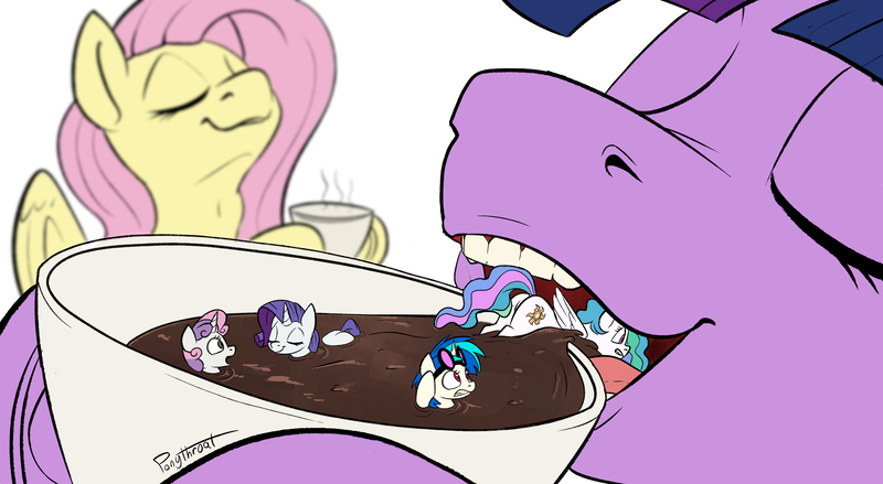 Size: 2000x1098 | Tagged: artist:bur', artist:ponythroat, coffee, derpibooru import, edit, fetish, flutterpred, fluttershy, micro, open mouth, princess celestia, questionable, rarity, rarity is a marshmallow, sipping, swallowing, sweetie belle, sweetie belle is a marshmallow too, throat bulge, twilight sparkle, twipred, vinyl scratch, vore, voretober