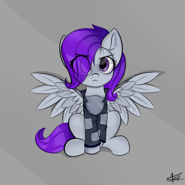 Size: 1600x1600 | Tagged: safe, artist:starmaster, derpibooru import, oc, oc:morning glory (project horizons), unofficial characters only, pegasus, pony, fallout equestria, fallout equestria: project horizons, eye clipping through hair, fanfic art, female, mare, simple background, sitting, solo, spread wings, wings