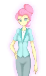 Size: 1467x2378 | Tagged: safe, artist:grandzebulon, derpibooru import, fluttershy, equestria girls, fake it 'til you make it, alternate hairstyle, anatomically incorrect, bad anatomy, clothes, equestria girls interpretation, female, hair bun, pants, scene interpretation, severeshy, snooty, solo