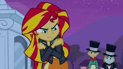 Size: 1280x720 | Tagged: suggestive, derpibooru import, edit, edited edit, edited screencap, editor:slayerbvc, screencap, snails, snips, sunset shimmer, equestria girls, equestria girls (movie), angry, bowtie, breasts, cleavage, clothes, covering, embarrassed, female, female focus, hat, jacket, leather, leather jacket, lip bite, male, night, open clothes, partial nudity, skirt, solo focus, top hat
