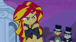 Size: 1280x720 | Tagged: suggestive, derpibooru import, edit, edited edit, edited screencap, editor:slayerbvc, screencap, snails, snips, sunset shimmer, equestria girls, equestria girls (movie), angry, belly button, bottomless, bowtie, breasts, cleavage, clothes, covering, embarrassed, embarrassed nude exposure, exhibitionism, female, female focus, hat, jacket, leather jacket, lip bite, male, night, nudity, open clothes, partial nudity, public nudity, solo focus, top hat