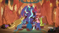 Size: 1366x768 | Tagged: bloodstone scepter, derpibooru import, discovery family logo, dragon, dragoness, dragon lord, eating, feast, female, gaius (dragon), safe, scales (character), screencap, the hearth's warming club