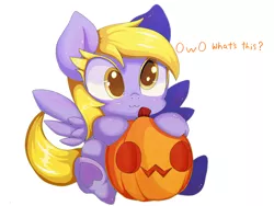 Size: 2000x1500 | Tagged: safe, artist:zokkili, derpibooru import, derpy hooves, pegasus, pony, cute, derpabetes, female, halloween, holiday, jack-o-lantern, mare, owo, owo what's this?, pumpkin, simple background, solo