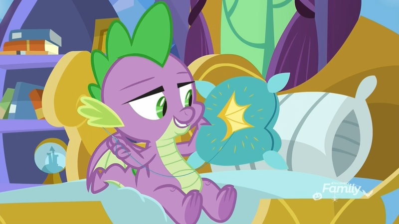 Size: 1920x1080 | Tagged: bed, book, derpibooru import, discovery family logo, dragon, father knows beast, male, pillow, safe, screencap, sewing, sewing needle, snow globe, solo, spike, spike's bed, spike's room, thread, throw pillow, winged spike