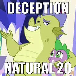 Size: 500x500 | Tagged: blatant lies, caption, cropped, derpibooru import, dragon, dungeons and dragons, edit, edited screencap, eye contact, father knows beast, friendship throne, image macro, lies, looking at each other, male, meme, pen and paper rpg, raised eyebrow, reaction image, rpg, safe, screencap, side hug, sludge (dragon), smiling, spike, text, this will end in tears, throne, twilight's castle, winged spike