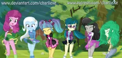 Size: 777x369 | Tagged: safe, artist:charliexe, derpibooru import, cheerilee, juniper montage, octavia melody, pixel pizazz, trixie, wallflower blush, equestria girls, equestria girls (movie), equestria girls series, forgotten friendship, movie magic, rainbow rocks, spoiler:eqg specials, barrette, baubles, bowtie, breasts, clothes, covering, cutie mark, cutie mark on clothes, dress, embarrassed, eyes closed, female, forest, freckles, glasses, grass, hairclip, hoodie, leaf, legs, looking back, looking down, messy hair, miniskirt, open mouth, pants, patreon, pigtails, schrödinger's pantsu, sextet, shirt, show accurate, skirt, skirt lift, socks, standing, strategically covered, sweater, sweater vest, the windy six, thighs, tree, twintails, upskirt, upskirt denied, vest, wind