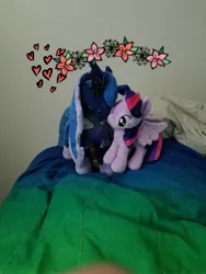 Size: 3024x4032 | Tagged: alicorn, derpibooru import, female, flower, lesbian, plushie, princess luna, safe, shipping, twilight sparkle, twilight sparkle (alicorn), twiluna