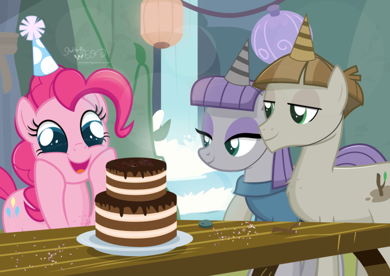 Size: 3302x2336 | Tagged: safe, artist:shutterflyeqd, derpibooru import, boulder (pet), maud pie, mudbriar, pinkie pie, twiggy (pet), earth pony, pony, cake, female, food, hat, male, mare, maudbriar, open mouth, party hat, shipping, signature, stallion, straight, surprised