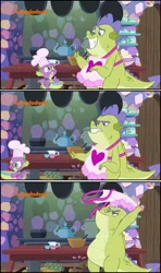 Size: 1042x1766 | Tagged: apron, baking, clothes, comic, derpibooru import, dragon, edit, edited screencap, fake smile, father knows beast, heart, kitchen, nickelodeon, safe, screencap, screencap comic, sludge (dragon), spike, thumbs up, unamused, upset, winged spike