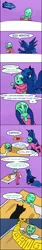 Size: 808x4832 | Tagged: safe, artist:4as, derpibooru import, princess luna, oc, oc:anon, pony, :c, >:c, alarm clock, bed, bedsheets, bowl, clock, comic, dialogue, eyes closed, female, frown, hug, jewelry, mare, open mouth, pillow, raised hoof, regalia, scared, sitting, sleeping, smiling, speech bubble, spoon, squishy cheeks, text