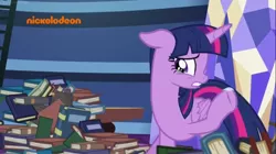 Size: 1036x581 | Tagged: alicorn, book, bookshelf, crying, derpibooru import, father knows beast, nickelodeon, sad, safe, screencap, shelf, solo, tears of pain, twilight's castle, twilight sparkle, twilight sparkle (alicorn)