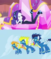 Size: 1617x1872 | Tagged: safe, derpibooru import, edit, edited screencap, editor:sonic ranger, screencap, blaze, rarity, soarin', surprise, pegasus, pony, equestria girls, equestria girls series, the other side, adorasexy, alternate hairstyle, ankle boots, ass, bare shoulders, boots, butt, clothes, cute, cutie mark, cutie mark on clothes, eyeshadow, female, gloves, goggles, headphones, jaw drop, looking back, makeup, male, mare, music video, off shoulder, open mouth, prone, sexy, shoes, sinfully sexy, sky, sleeveless, smiling, spread wings, stallion, strapless, stupid sexy rarity, uniform, unitard, wingboner, wings, wonderbolts, wonderbolts uniform