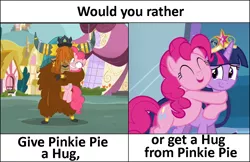 Size: 1018x658 | Tagged: safe, derpibooru import, edit, edited screencap, screencap, pinkie pie, prince rutherford, twilight sparkle, twilight sparkle (alicorn), alicorn, earth pony, pony, equestria girls, equestria girls (movie), party pooped, big crown thingy, bronybait, caption, cloven hooves, cropped, element of magic, exploitable meme, female, hug, image macro, jewelry, male, mare, meme, pinkie pie day, regalia, text, would you rather