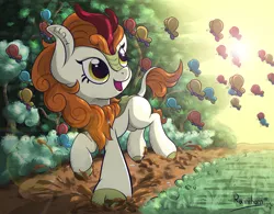 Size: 6251x4881 | Tagged: absurd resolution, artist:rainihorn, autumn blaze, awwtumn blaze, bush, butterfly, cloven hooves, cute, derpibooru import, dirt path, female, grass, kirin, leonine tail, looking back, mud, open mouth, safe, scenery, smiling, solo, sounds of silence, sun, sunshine, tree