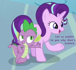 Size: 486x450 | Tagged: safe, derpibooru import, edit, edited screencap, screencap, spike, starlight glimmer, dragon, pony, unicorn, bullshit, cropped, dialogue, duo, female, let me tell you why that's bullshit, male, mare, reaction image, text, vulgar