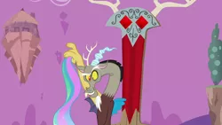 Size: 1280x720 | Tagged: chaos, derpibooru import, discord, discord's throne, flashback, floating island, hut, implied princess celestia, male, princess celestia's hair, princess twilight sparkle (episode), purple sky, raised eyebrow, safe, screencap, season 4, smiling, smirk, solo, tail, throne