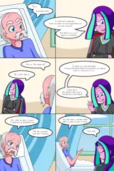 Size: 1050x1575 | Tagged: safe, artist:jake heritagu, derpibooru import, aria blaze, oc, oc:smooth tone, comic:aria's archives, comic:nursing home, equestria girls, chair, clothes, comic, curtains, dialogue, female, hoodie, male, mother and child, mother and son, offspring, parent:aria blaze, speech bubble, window