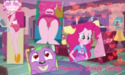 Size: 2048x1229 | Tagged: suggestive, artist:conikiblasu-fan, derpibooru import, pinkie pie, spike, dog, coinky-dink world, eqg summertime shorts, equestria girls, equestria girls (movie), equestria girls series, forgotten friendship, pinkie sitting, x marks the spot, ass, balloonbutt, blushing, butt, clothes, female, heart eyes, house, male, pinkiespike, shipping, spike the dog, straight, swimsuit, wingding eyes