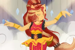Size: 1500x1000 | Tagged: safe, artist:しょう, derpibooru import, sunset shimmer, dance magic, equestria girls, spoiler:eqg specials, alternate hairstyle, clothes, colored eyelashes, dress, eyes closed, music video, no more ponies at source, pixiv, scene interpretation, solo, spotlight