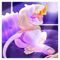 Size: 3200x3200 | Tagged: artist:emstylauzer, butt, clothes, cloven hooves, derpibooru import, female, frog (hoof), kirin, kirin oc, looking at you, looking back, oc, oc:lemon meringue, panties, plot, purple underwear, signature, solo, solo female, striped underwear, suggestive, underhoof, underwear, unofficial characters only