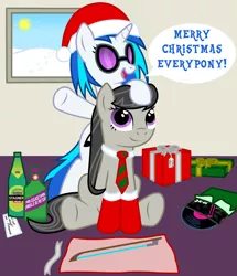 Size: 1100x1280 | Tagged: safe, artist:scramjet747, derpibooru import, octavia melody, vinyl scratch, bow (instrument), christmas, clothes, duo, hat, holiday, necktie, pan galactic gargle blaster, present, record, santa hat, socks, sunglasses