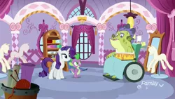 Size: 1920x1080 | Tagged: safe, derpibooru import, screencap, rarity, sludge (dragon), spike, dragon, pony, unicorn, father knows beast, arm sling, carousel boutique, female, male, mare, trio, wheelchair, winged spike