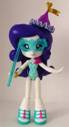 Size: 868x1590 | Tagged: safe, artist:whatthehell!?, derpibooru import, rarity, equestria girls, bracelet, clothes, doll, equestria girls minis, hat, irl, jewelry, mask, merchandise, photo, ponied up, shoes, theme park, toy