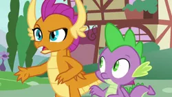 Size: 1280x720 | Tagged: derpibooru import, dragon, dragoness, duo, father knows beast, female, male, raised eyebrow, safe, screencap, sludge (dragon), smolder, spike