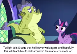 Size: 785x556 | Tagged: alicorn, bertstrips, crippled, derpibooru import, dragon, duo, edit, edited screencap, father knows beast, grimdark, implied beating, implied drugs, implied explosion, implied violence, meth lab, parody, ponestrip, screencap, sludge (dragon), twilight sparkle, twilight sparkle (alicorn), vulgar, wheelchair