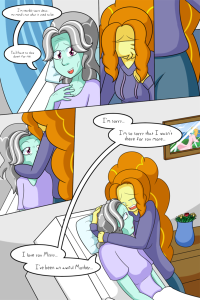Size: 1050x1575 | Tagged: safe, artist:jake heritagu, derpibooru import, adagio dazzle, oc, oc:misty breeze, comic:aria's archives, comic:nursing home, equestria girls, bust, clothes, comic, crying, curtains, dialogue, female, flower, mother and child, mother and daughter, offspring, older, parent:adagio dazzle, portrait, speech bubble, vase, window