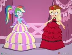 Size: 4000x3090 | Tagged: safe, artist:dieart77, derpibooru import, applejack, rainbow dash, equestria girls, alternate hairstyle, and then there's rarity, applejack also dresses in style, blushing, carousel boutique, clothes, cowboy hat, dress, elegant, feminization, forced makeover, frozen, hat, implied rarity, makeup, model, modeling, prank, rainbow dash always dresses in style, stetson, story included, tomboy taming