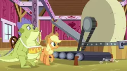 Size: 1920x1080 | Tagged: safe, derpibooru import, screencap, applejack, sludge (dragon), dragon, pony, father knows beast, arm sling, cider mill, treadmill