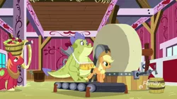 Size: 1920x1080 | Tagged: safe, derpibooru import, screencap, applejack, sludge (dragon), dragon, pony, father knows beast, arm sling, cider mill, treadmill