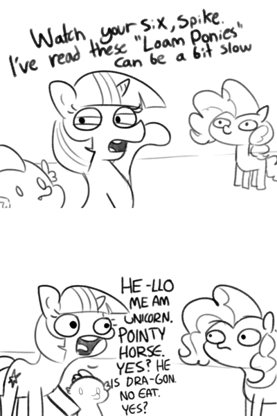 Size: 1280x1920 | Tagged: safe, artist:tjpones, derpibooru import, pinkie pie, spike, twilight sparkle, dragon, earth pony, pony, unicorn, sparkles! the wonder horse!, friendship is magic, black and white, comic, dialogue, eye contact, female, frown, grayscale, lidded eyes, lineart, looking at each other, male, mare, monochrome, mud pony, no pupils, open mouth, pointing, pony racism, racism, raised hoof, scene interpretation, simple background, smiling, text, trio, twibitch sparkle, unicorn twilight, white background, wide eyes, woonoggles