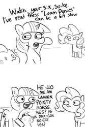 Size: 1280x1920 | Tagged: safe, artist:tjpones, derpibooru import, pinkie pie, spike, twilight sparkle, dragon, earth pony, pony, unicorn, sparkles! the wonder horse!, friendship is magic, black and white, comic, dialogue, eye contact, female, frown, grayscale, lidded eyes, lineart, looking at each other, male, mare, monochrome, mud pony, no pupils, open mouth, pointing, pony racism, racism, raised hoof, scene interpretation, simple background, smiling, text, trio, twibitch sparkle, unicorn twilight, white background, wide eyes, woonoggles