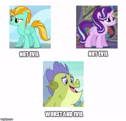 Size: 523x499 | Tagged: source needed, useless source url, safe, derpibooru import, edit, edited screencap, screencap, lightning dust, sludge (dragon), starlight glimmer, dragon, pegasus, pony, unicorn, father knows beast, the mean 6, wonderbolts academy, caption, female, image macro, male, mare, meme, text