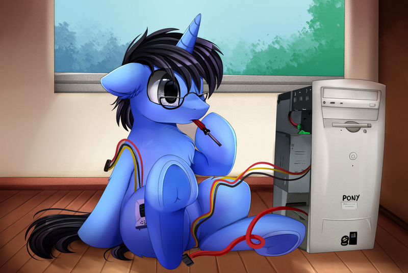 Size: 2516x1689 | Tagged: safe, artist:pridark, derpibooru import, oc, oc:tinker doo, unofficial characters only, pony, unicorn, commission, computer, cords, cute, frog (hoof), glasses, hard drive, male, mouth hold, one eye closed, screwdriver, solo, underhoof, window